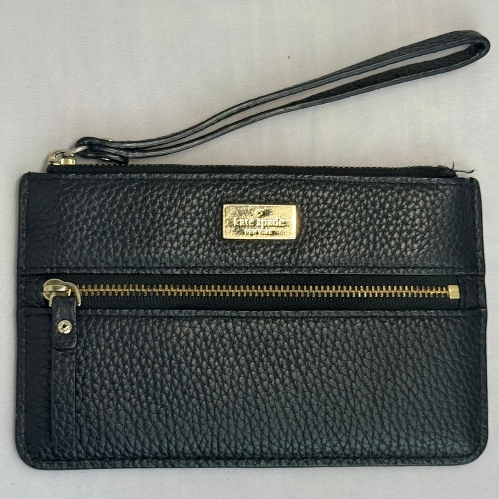 Kate Spade New York Black Pebbled Leather Wristlet Pouch Gold Hardware
